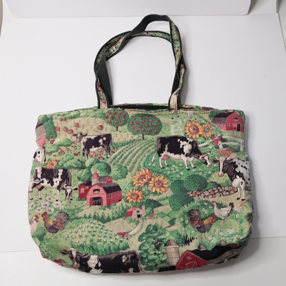 Vintage Farmhouse Tote Bag Cow Barn Print Green Large Shoulder Bag Cottage Core